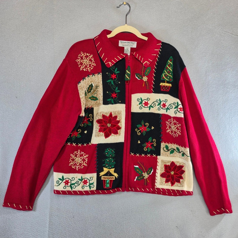 VTG Heirloom Collectibles Ugly Christmas Sweater Large Patchwork Cardigan Red
